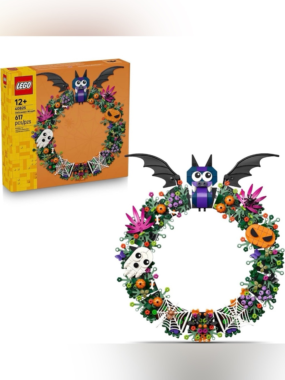Lego Halloween Wreath with Purple Bat and Orange Accents ~ New